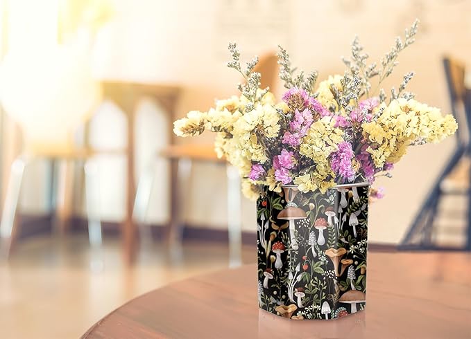 WAVEYU Desk Pen Holder, Ceramic Pencil Cup, Cute Makeup Brush Holder, Desktop Supplies and Accessories for Women Students, Office Home Art Supply Caddy, Mushrooms Pattern