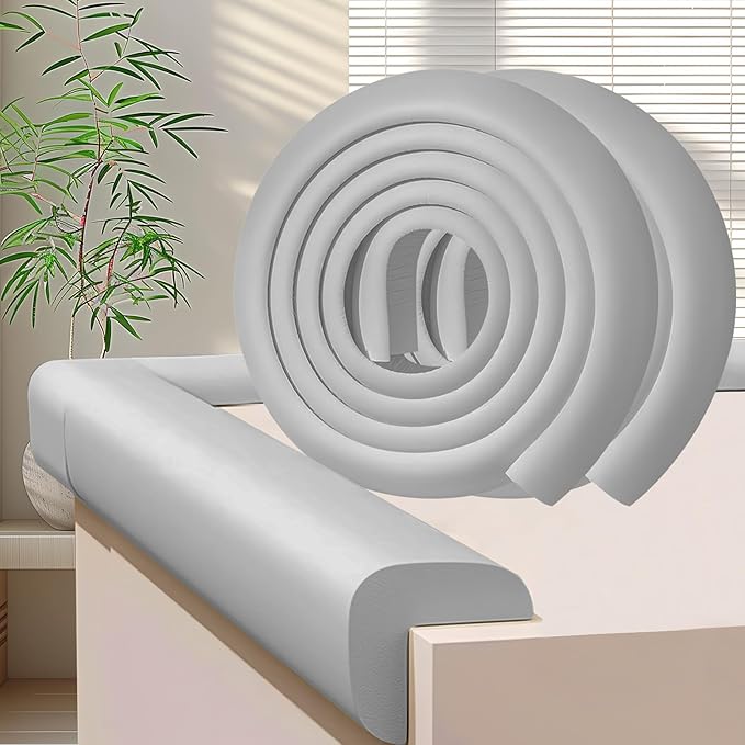 Baby Proofing Edge & Corner Protectors, 2 Roll Grey Foam L-Shape Self-Adhesive Bumper Strip, Soft Shock-Absorbent Wall & Furniture Safety Bumpers for Nursery, Kitchen, Fireplace, Table, Desk