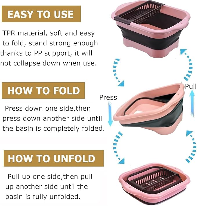 2.98 Gallon (11.28L) Collapsible Dish Basin with Drain Plug, Outdoor Multiuse Foldable Sink Tub, Dishpan, Wash Basin, Portable Kitchen Storage Tray for Camping, RV, Beverage Bucket (Pink)