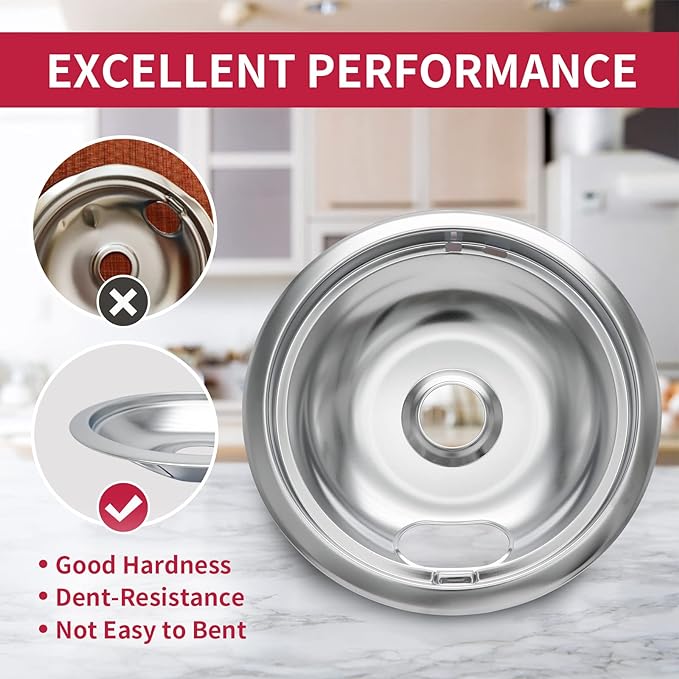 COZZIVITAW10196405 W10196406 Stove Burner Drip Pans for Electric Stove Top-Compatible with Whirlpool Electric Range-Thickening to Prevent Bent-Set of 4 Chrome Drip Pans, Silver