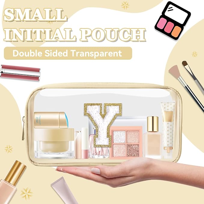 Small Clear Personalized Initial Makeup Bag, Preppy A-Z Chenille Letter Patch Cosmetic Bag, Cute Transparent Nylon Waterproof Zipper Beach Varsity Letter Pouch, Gift for Women Girls(Beige-White Y)