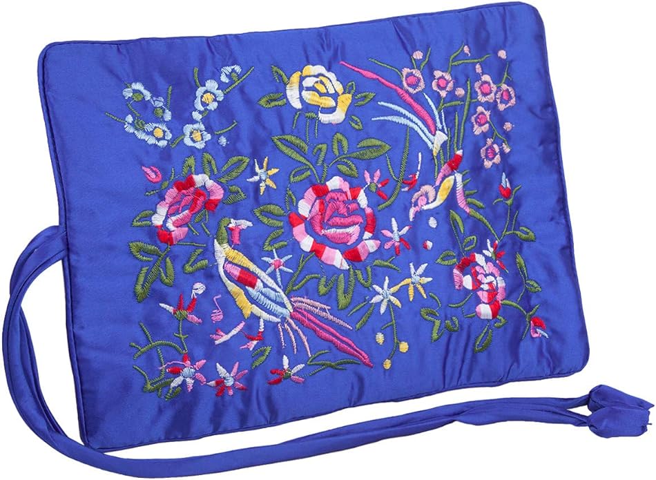 TUMBEELLUWA Embroidery Travel Jewelry Bag Roll Embroidered Flower and Bird Brocade Organizer with Tie Close