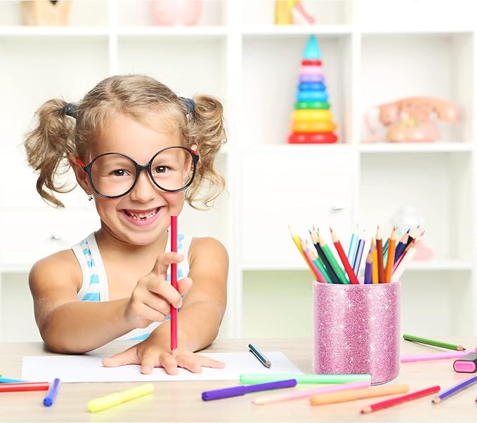 WAVEYU Glitter Pen Holder for Desk, Cute Pencil Cup Pink for Women Girls, Luxury Makeup Brush Holder Large Pu Leather Multi-Functional Organizer Cup for Office, Classroom, Home, Glitter Pink