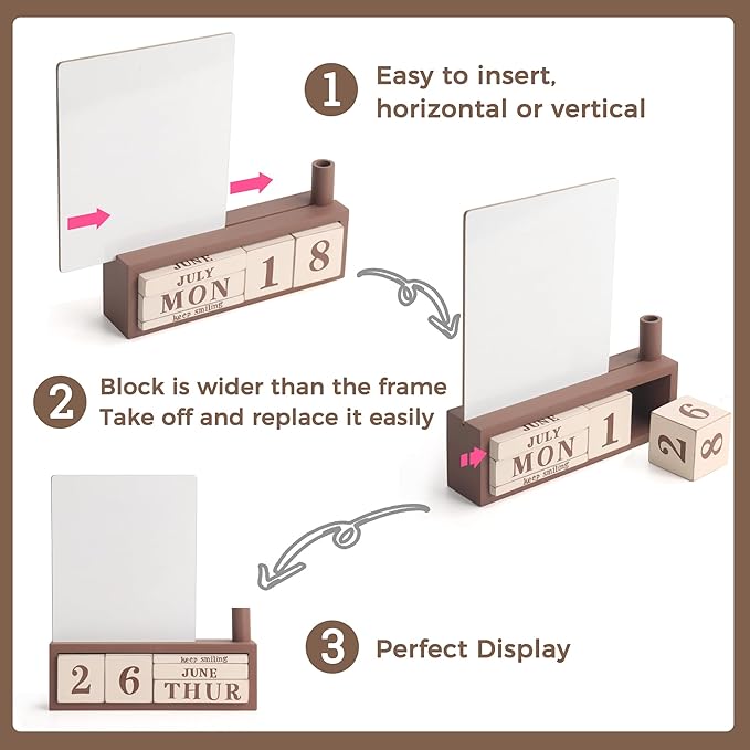 SELEAD Wooden Block Desk Calendar with Dry Erase White Board - Daily Desktop Perpetual Calendar Words Sign Quotes for Home Office Classroom Decor, Teachers Students - Brown