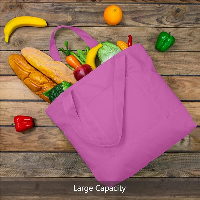 TOPDesign 6-Pack Canvas Tote Bags with an External Pocket, Reusable Grocery Shopping Bags, Top Zipper Closure, Daily Essentials (Light Purple)