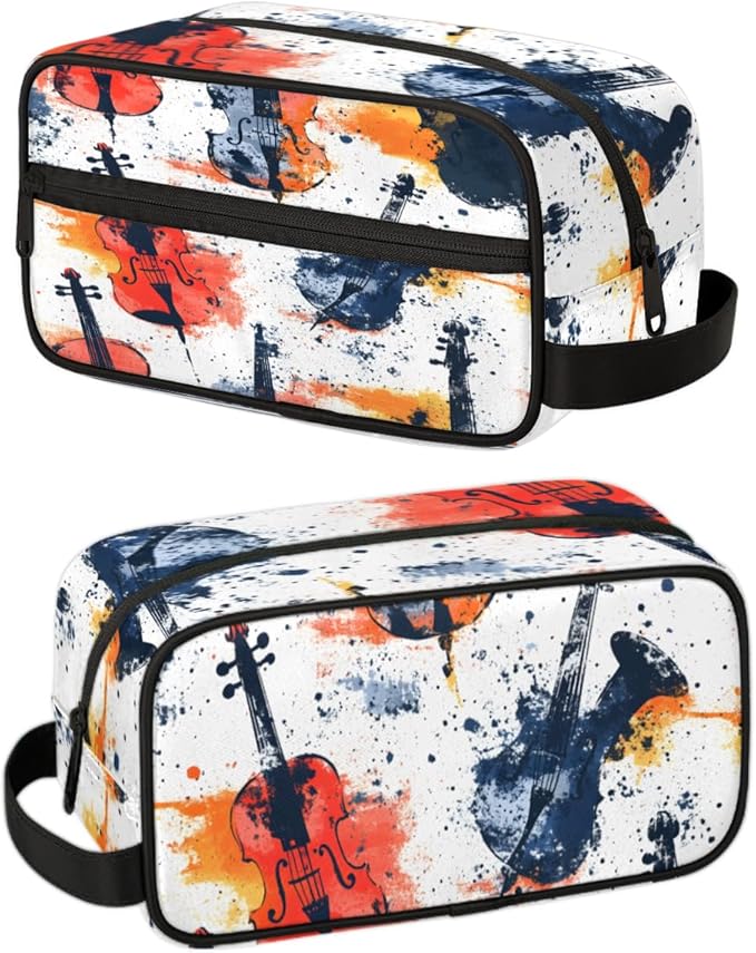 Violin Splash Art Travel Toiletry Bag for Women, Waterproof Cosmetic Makeup Bag with PU Handle & Zipper, 2 Compartment Portable Shaving Bag for Bathroom, Gym, Business Trips
