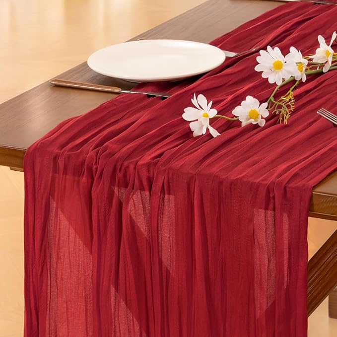 Socomi 2pcs Red Summer Cheesecloth Table Runner Boho Rustic Gauze 120 inch 10FT Cheese Cloth Sheer Runner for Wedding Party Baby Shower Birthday Home Decor Holiday Decorations