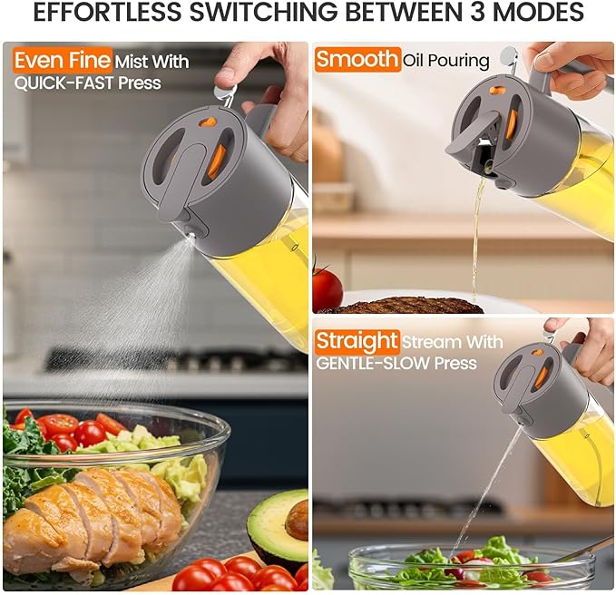 2 in 1 500ml/17oz Oil Sprayer for Cooking, 2026 Large Advanced Glass Olive Oil Dispenser Bottle w/stickers, Even Spray with Portion Control for Kitchen, Air Fryer, Salad, BBQ - Grey