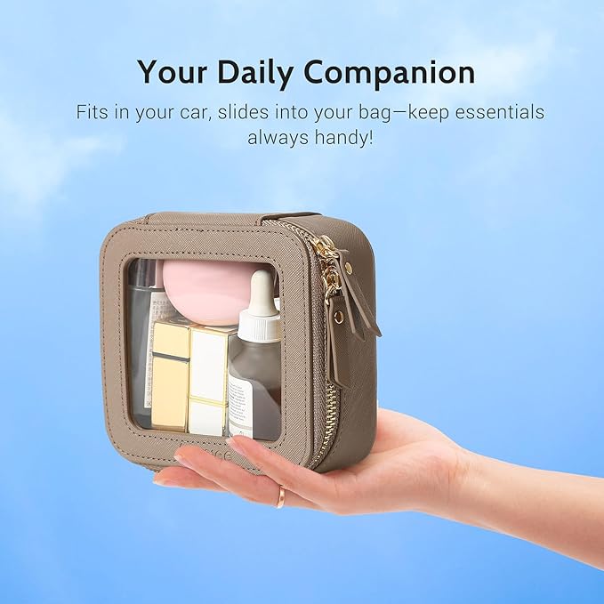 Aveniee Mini Clear Makeup Bag, Small Cosmetic Bags Travel Toiletry Pouch Organizer, TSA Approved Makeup Case with Zipper, Car Bag for Essentials, Taupe