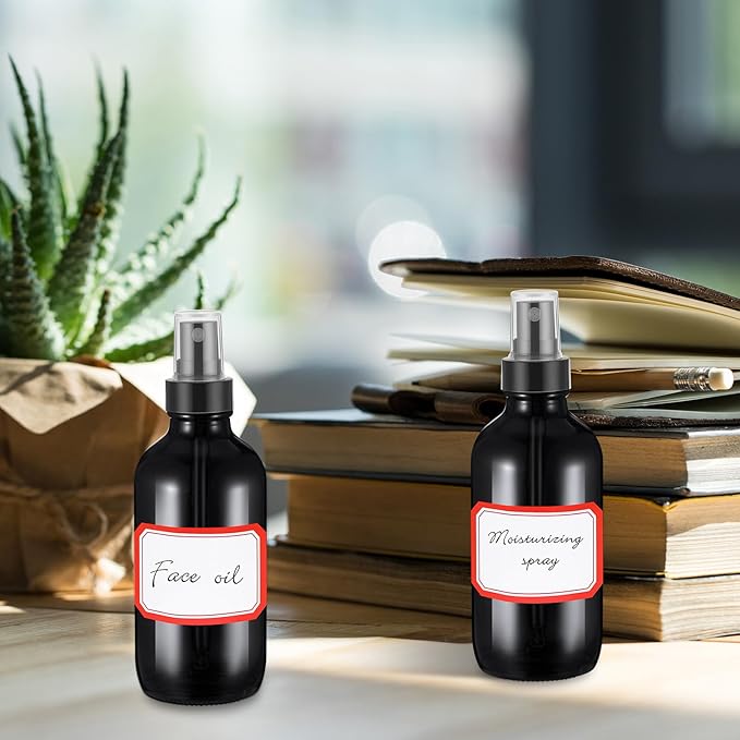 Fumete 2 Pack Glass Bottles 4oz Empty Refillable Liquid Containers with 1 Label 1 Funnel for Essential Oils Hair Travel Plants Cleaning Skin Care(Black, Black Top,Mist Bottle)