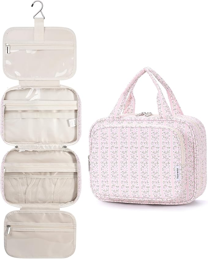 Narwey Hanging Toiletry Bag for Women Travel Makeup Bag Organizer Toiletries Bag for Travel Size Essentials Accessories Cosmetics (Pink Flower Buds (Medium))