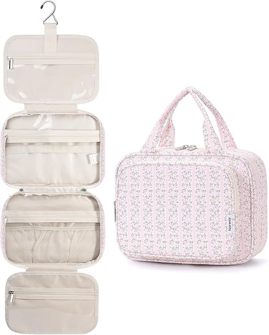 Narwey Hanging Toiletry Bag for Women Travel Makeup Bag Organizer Toiletries Bag for Travel Size Essentials Accessories Cosmetics (Pink Flower Buds (Medium))