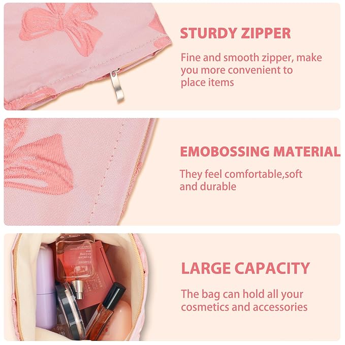 ZLFSRQ Bow Makeup Bag Travel Cute Bow Embossed Cosmetic Bag for Women Small Pink Bow Makeup Zipper Portable Storage Toiletry Pouch for Purse Aesthetic Christmas Essential Cosmetic Organizer