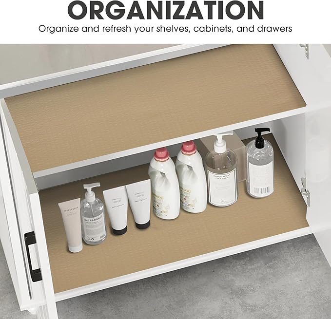 Drawer and Shelf Liner, Non-Slip Kitchen Cabinet Liners Non-Adhesive Thick Strong Grip Waterproof Washable Mats Protect Dresser Shelves Cupboard Bathroom Cabinets, Beige, 24 in X 30 FT