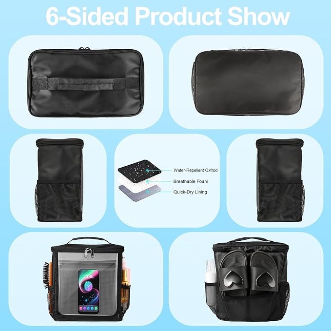 Hanging Shower Caddy Portable, Travel Toiletry Bag for Men & Women, Large Capacity with Hook,Dorm Room Essentials With Waterproof Phone Compartment, for Bathroom, Picnic, Gym, Travel(Black)