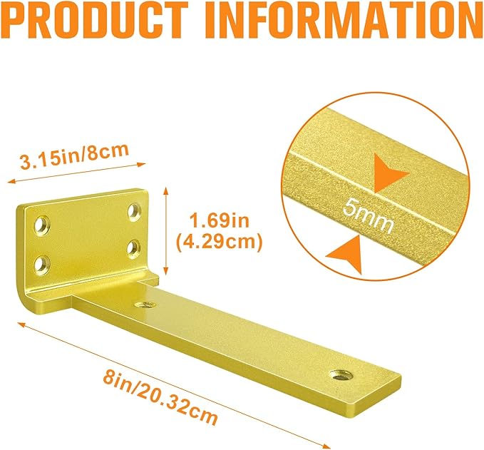 Floating Shelf Brackets 8 inch 8 Pack L Brackets for Shelves Gold Metal Heavy Duty Shelf Bracket for DIY Decorative with Mounting Hardware