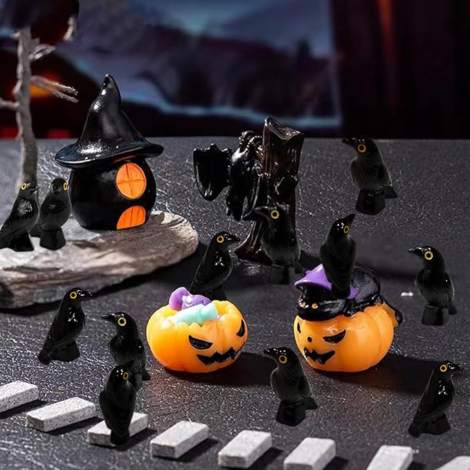 100 Pcs Miniature Crow Figurines, Mini Resin Crows Figures, Tiny Black Raven Decor for Home Garden, Micro Landscape, and Halloween Scene Decoration (100)