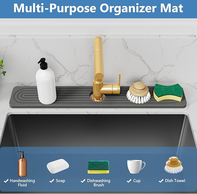 24'' Longer Faucet Mat for Kitchen Sink [Diatomite Stone Super Fast Drying] Stone Faucet Mat for Kitchen Sink Splash Guard Sinks Stones Quick Dry Around Faucets Stones Drying Mats Bathroom