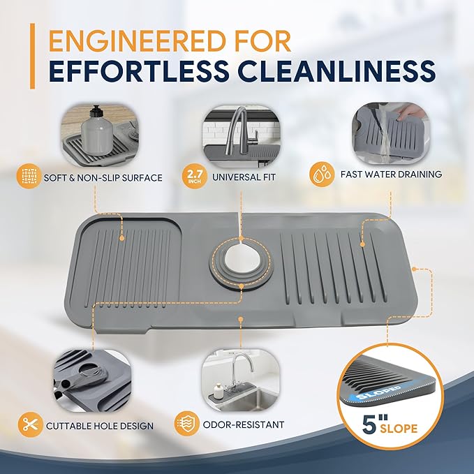 14.6” Silicone Faucet Mat For Kitchen Sink, Kitchen Sink Splash Guard Behind Faucet, Kitchen Faucet Mat For Kitchen Sink, Kitchen Sink Faucet Mat Splash Guard and Sink Water Splash Guard (Gray)