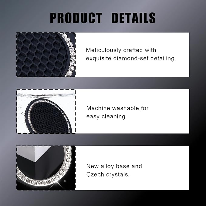 Bling Car Cup Holder Coaster, Anti-Slip Rhinestone Cup Holder Insert (4 Pack) with Push Start Button Cover Button Ring (2 Pack), Shiny Diamond Car Interior Accessories for Women (Black)