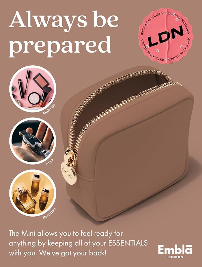 Embla Makeup Bag Travel Cosmetics Pouch and Toiletry Bag, Nylon Zipper Pouch Purse, Cute Make Up Organizer Storage Tote for Women Girls, Travel Skincare Case, Small Makeup Bags, Mocha Mousse