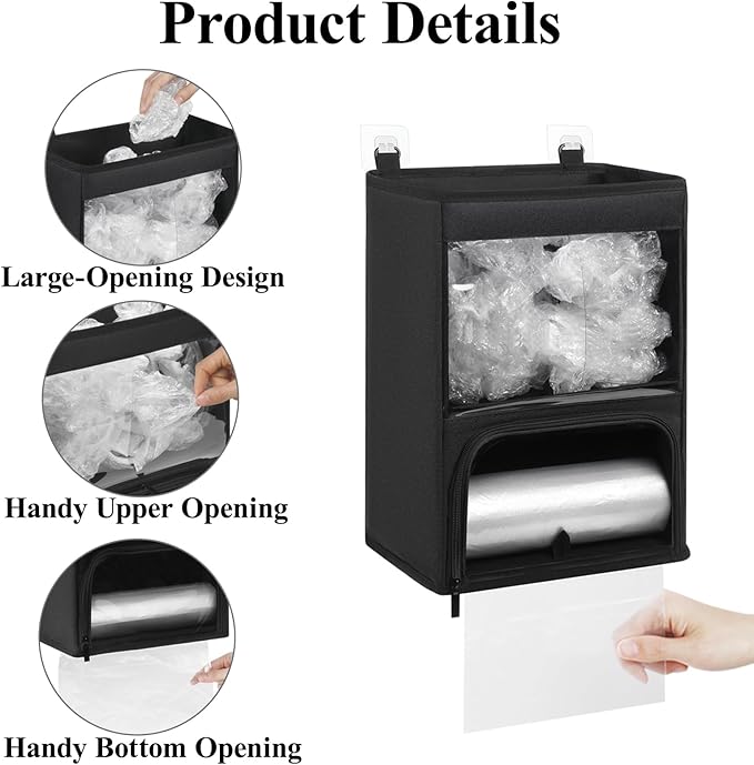 2-in-1 Plastic Bag Holder with Clear Window, Large Grocery Bag Holder and garbage bag dispenser with Easy-Access Openings, Trash bag organizer for Kitchen RV Cabinet Wall Mounted (Black）