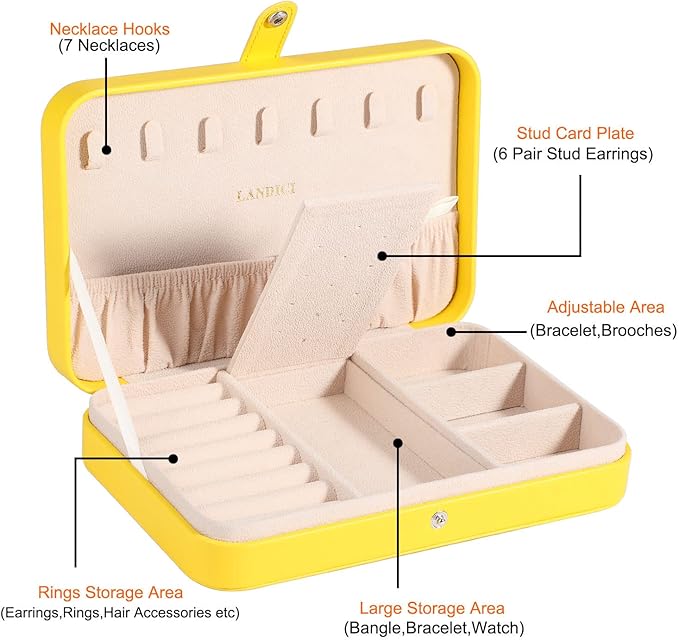 LANDICI Small Jewelry Box for Women Girls, PU Leather Travel Jewelry Organizer Case, Portable Jewellery Storage Holder Display for Ring Earrings Necklace Bracelet Bangle Watch Men Kids Gift, Yellow