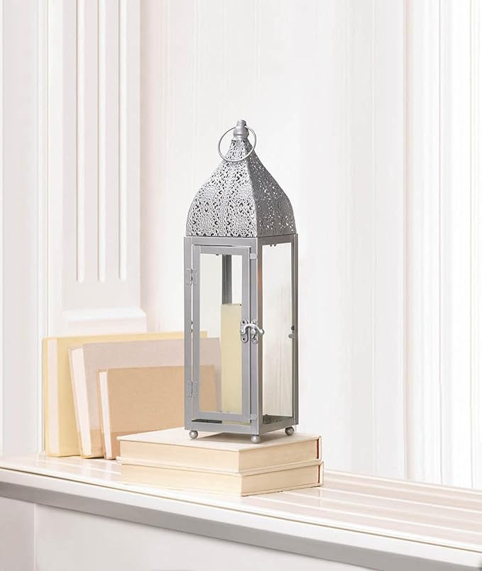 Zingz & Thingz Moroccan Style Candle Lantern Holder, Decorative Light Home Decor, Indoor & Outdoor, 15.25" Tall, Silver