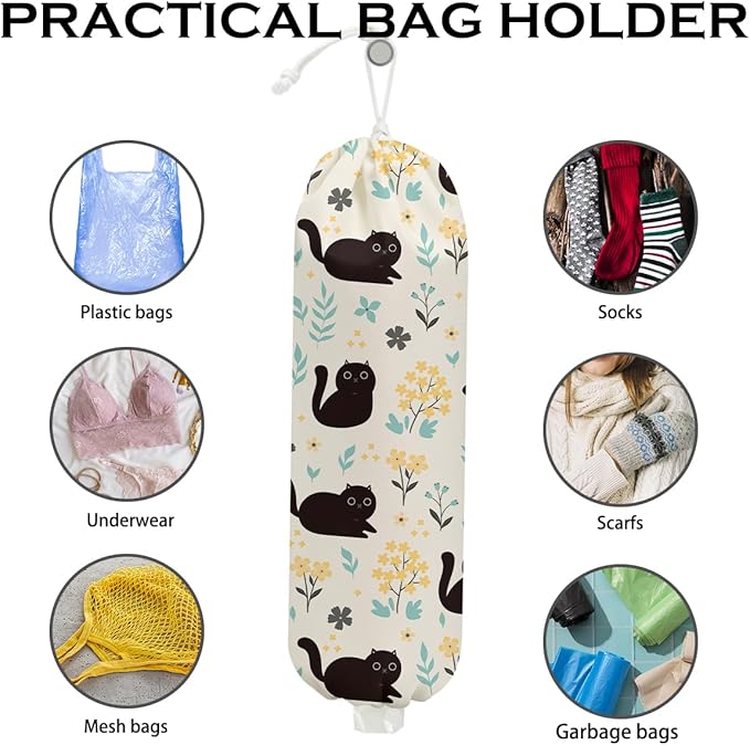 Cute Cat Plastic Bag Holder, Vintage Floral Plastic Bag Holders for Grocery Bags, Washable Grocery Bag Storage Dispenser for Home Kitchen Pantry Decor, Cat Lover Gifts for Women, 22.5x9 Inch