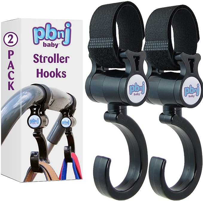 PBnJ Baby Stroller Hooks, 2-Pack Organizer Clips for Travel, Purses, Shopping, Diaper Bags