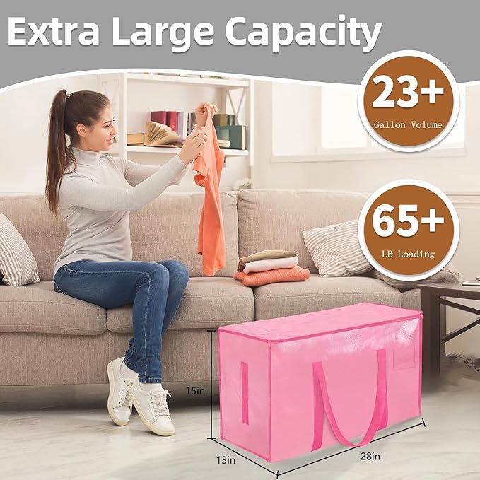 Extra Large Heavy Duty Moving Bags - Waterproof Storage Totes with Reinforced Handles & Zippers, Foldable for College Dorm Essentials, Clothes Storage & Travel (4-Pack Pink)