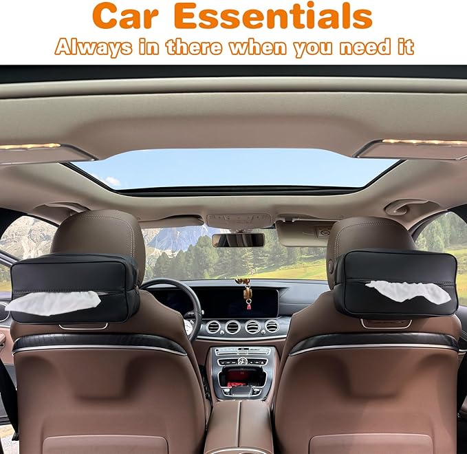 Large Car Tissue Holder for 120 Standard Tissues, Premium PU Leather Tissue Holder in Car Backseat Rectangular, Napkin Holder for Car Fits for Kleenex Tissues Box Daily Use Black (2, Black)