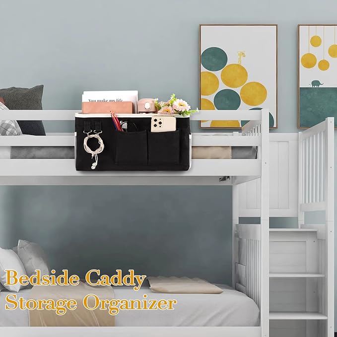 Ozzptuu Bedside Storage Caddy/Bedside Hanging Storage Bag for Headboards Bunk Beds Dorm Rooms Book Phone Magazine Holder (Black)