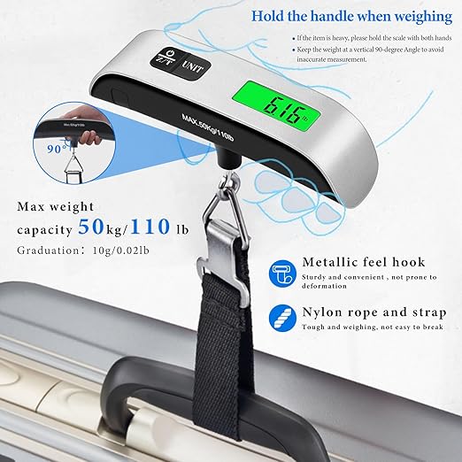 Luggage Scale, 110lb Luggage Weight Scale with 4 Unit Switching Functions & LED Display, Luggage Scale Travel Digital for Weighing Luggage, Backpacks, Packages and Markets