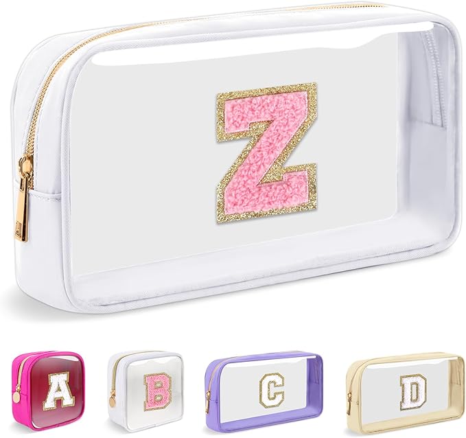 Small Clear Personalized Initial Makeup Bag, Preppy A-Z Chenille Letter Patch Cosmetic Bag, Cute Transparent Nylon Waterproof Zipper Beach Varsity Letter Pouch, Gift for Women Girls(White-Pink Z)