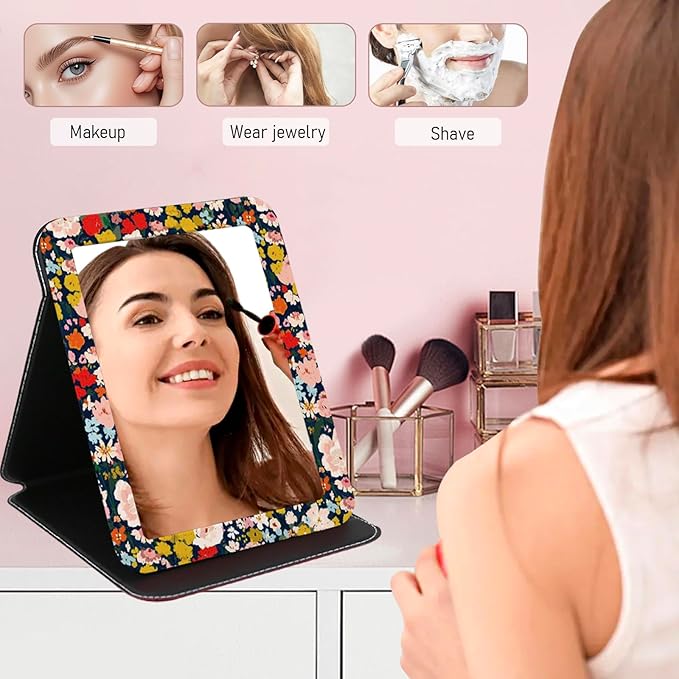 Portable Travel Mirror PU Portable Foldable Adjustable Rectangular Ultrathin Vanity Mirror with Stand, Makeup Mrror for for Purses Hand, Bag, Travel, Camping, Home, Office