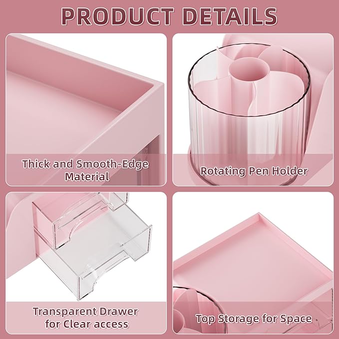 Marbrasse Desk Organizer with 2 Drawer, 360°Rotating Pen Holder, Desk Organizers and Accessories with 6 Slots Pencil Organizer + 2 Drawer, Art Supply Storage Box Caddy for Office (Pink)