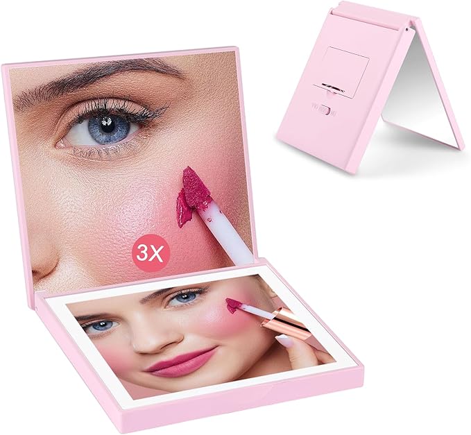 ALLROSE Compact Mirror, 1X/3X Magnifying Travel Mirror with Light Small Purse Mirror Pocket Mirror for Makeup, Mini LED Portable Handheld Makeup Mirror Travel Essentials Gifts for Women Girls, Pink