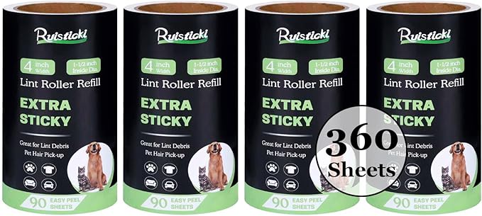 4 inch Lint Roller Refills for Amazon PetLovers Evercare Albatross and More Standard Lint Rollers, Extra Sticky 90 Sheets per Refill, Pack of 4 Rolls, 360 Sheets Total (1 1/2 inch Inside Dia.)