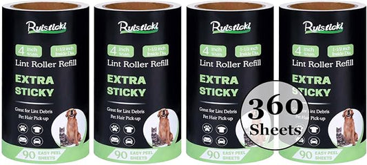 4 inch Lint Roller Refills for Amazon PetLovers Evercare Albatross and More Standard Lint Rollers, Extra Sticky 90 Sheets per Refill, Pack of 4 Rolls, 360 Sheets Total (1 1/2 inch Inside Dia.)