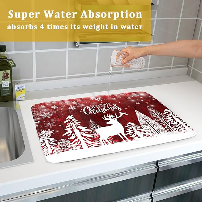 Christmas Dish Drying Mats for Kitchen Counter 16x18 Inch Merry Christmas Happy New Year Snowflake Microfiber Drying Mat Kitchen Accessories Fast Dry Dishes Pad Dish Rack Drainer Mat for Coffee Bar