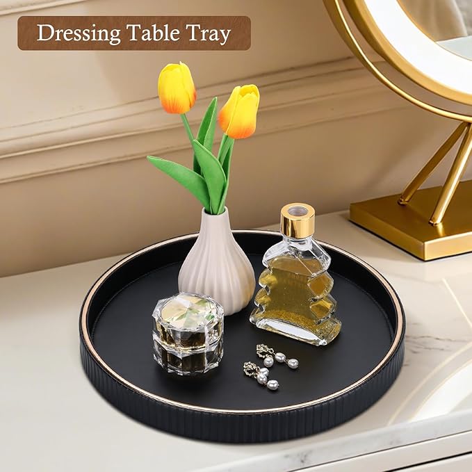 GORESE Decorative Tray for Home Decor, 12" Round PU Leather Coffee Table Tray Table Centerpiece for Living Room, Dresser, Vanity, Valet Tray Nightstand Organizer for Trinket Perfume Key, Black