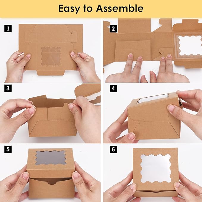 Moretoes 50pcs Cookie Boxes with Window, 4x4x2.5 Inches Brown Bakery Boxes Pastry Container for Small Cookies, Treats and Desserts