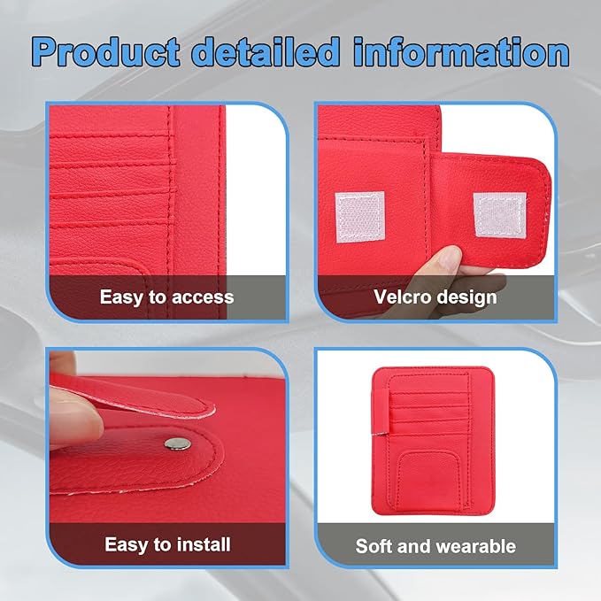 Augeny Car Sun Visor Organizer, Small Auto Visor Organizer and Storage, Registration and Document Holder, Vehicle Accessories for Sunglasses, Document, Card, Pen, Driver License (Red)
