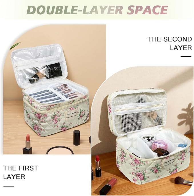 Large Quilted Makeup Bag, Large Floral Cosmetic Bag for Women, Cute Cotton Makeup Bags, Flower Travel Toiletry Organizer Bag (Pink Flowers)