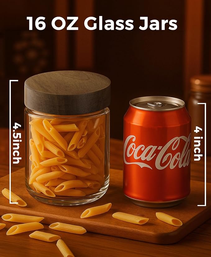 16oz 6 Pack Overnight Oats Containers with Lids, Glass Mason Jars with Acacia Wood Airtight Lids, Wide Mouth Meal Prep Storage Jars for Yogurt, Chia Pudding, Salad, Parfait, Snacks, Spice