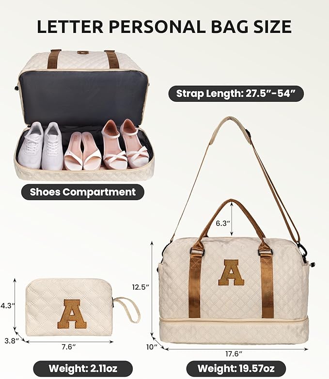 Initial Duffle Bag With Shoe Compartment - Personalized Weekender, Monogram Overnight Travel Bag With Makeup Bag - Gifts for Grandma, Daughter, Friend (Letter P)