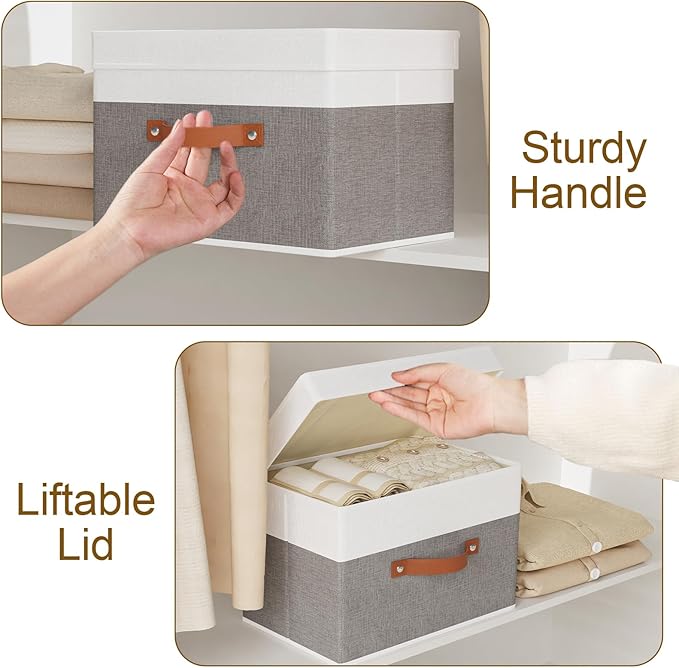 YheenLf Fabric Storage Bin, Storage Basket with Lids, Closet Organizer Box with Handles for Shoes Books Towels, White and Grey, 1 Pack, 13 x 9.1 x 7.9 Inch