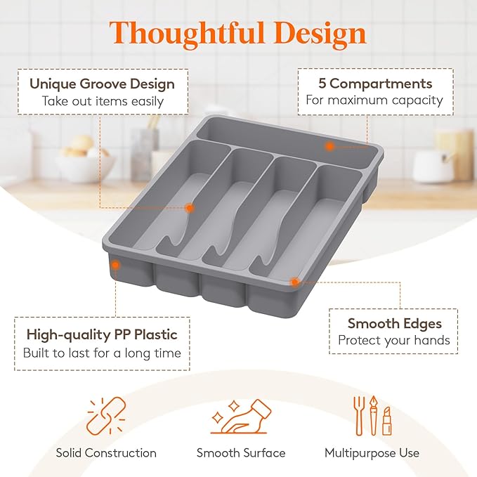 Lifewit Silverware Organizer with Lid, Covered Utensil Tray for Kitchen Drawer and Countertop, Plastic Cutlery and Flatware Storage Box for Spoons Forks Knives Holder Case, 5 Compartments, Gray