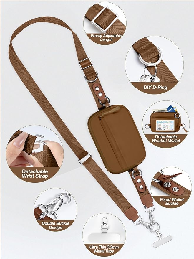 Clip and Go Strap for Phone with Wallet Crossbody Phone Lanyard Adjustable and Detachable RFID Wristlet Wallet with ID Window and Zipper, Brown